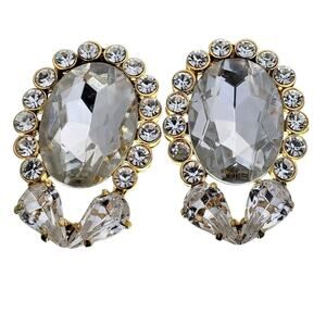 Large Rhinestone Clip On Earrings Toni Laura Gold Tone Italian Designer 1980s